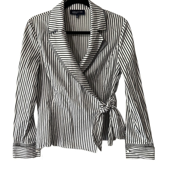 Jones New York Black and White Striped Collared Tie Blouse - Picture 1 of 6